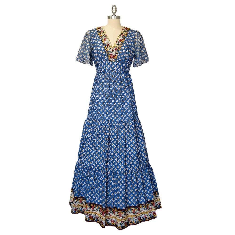 Vintage 70s Prairie Maxi Dress Size M 11 Blue Floral Calico Tiered Terri Juniors - Picture 2 of 12
